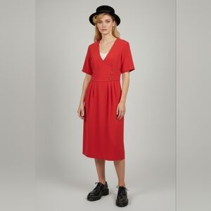 Vintage In Cinq USA Red and White Faux Wrap Front Short Sleeve Dress